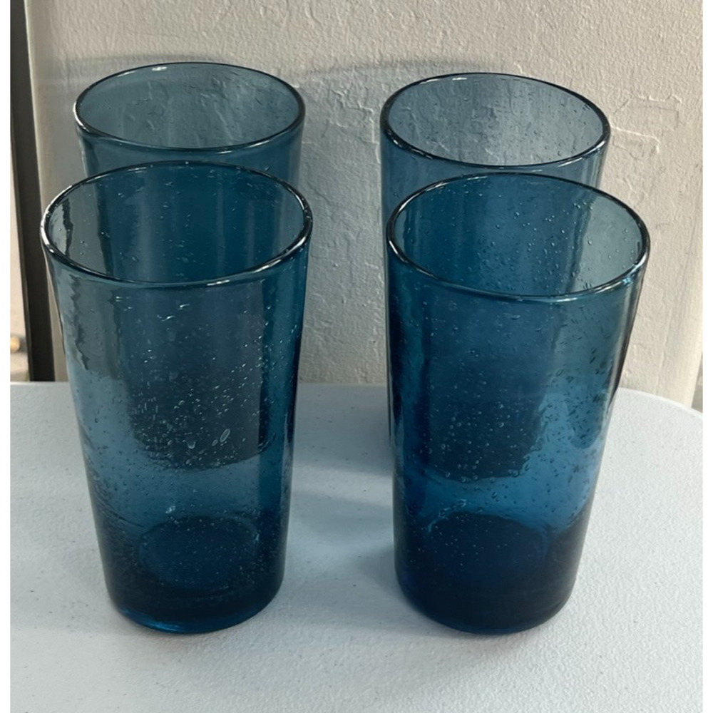 Bubble Glass Tumblers Set of 4 Hand Blown Slate Blue V-Shaped 6 1/8 " Height